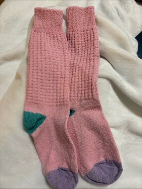 Free People Pink Waffle Crew Socks with Teal Heel and Lavender Toe